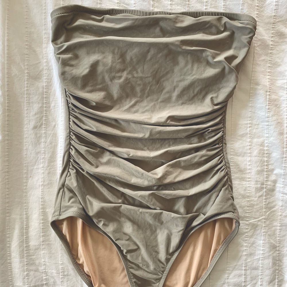 J Crew Ruched Bandeau One-Piece Swimsuit Women Grey Size 8 D-Cup